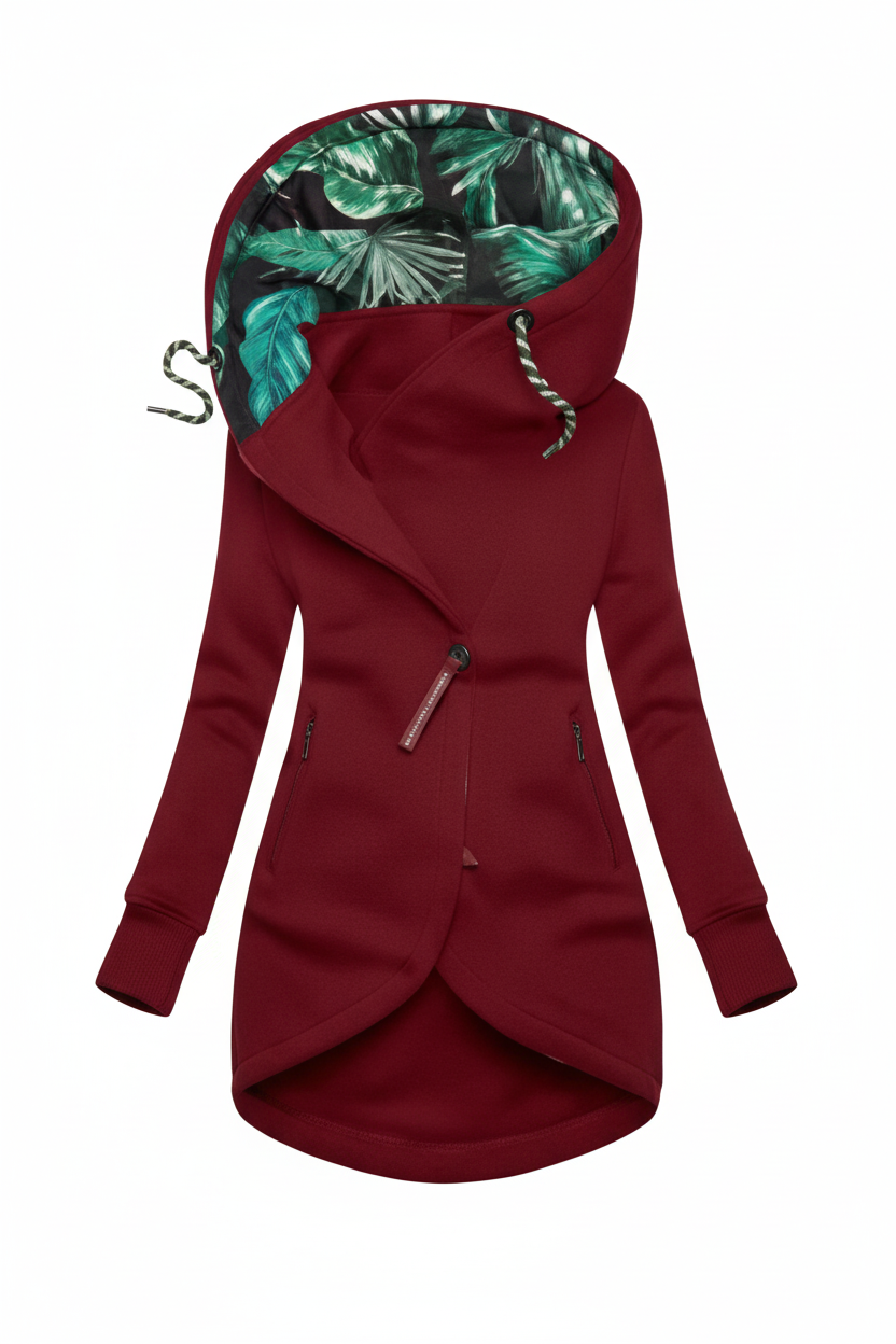 Abrigo burdeos con capucha tropical