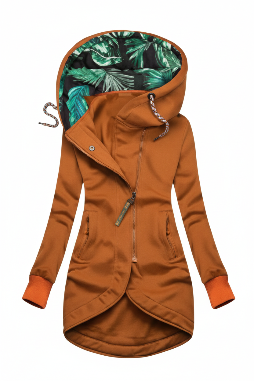 Abrigo marrón con capucha tropical
