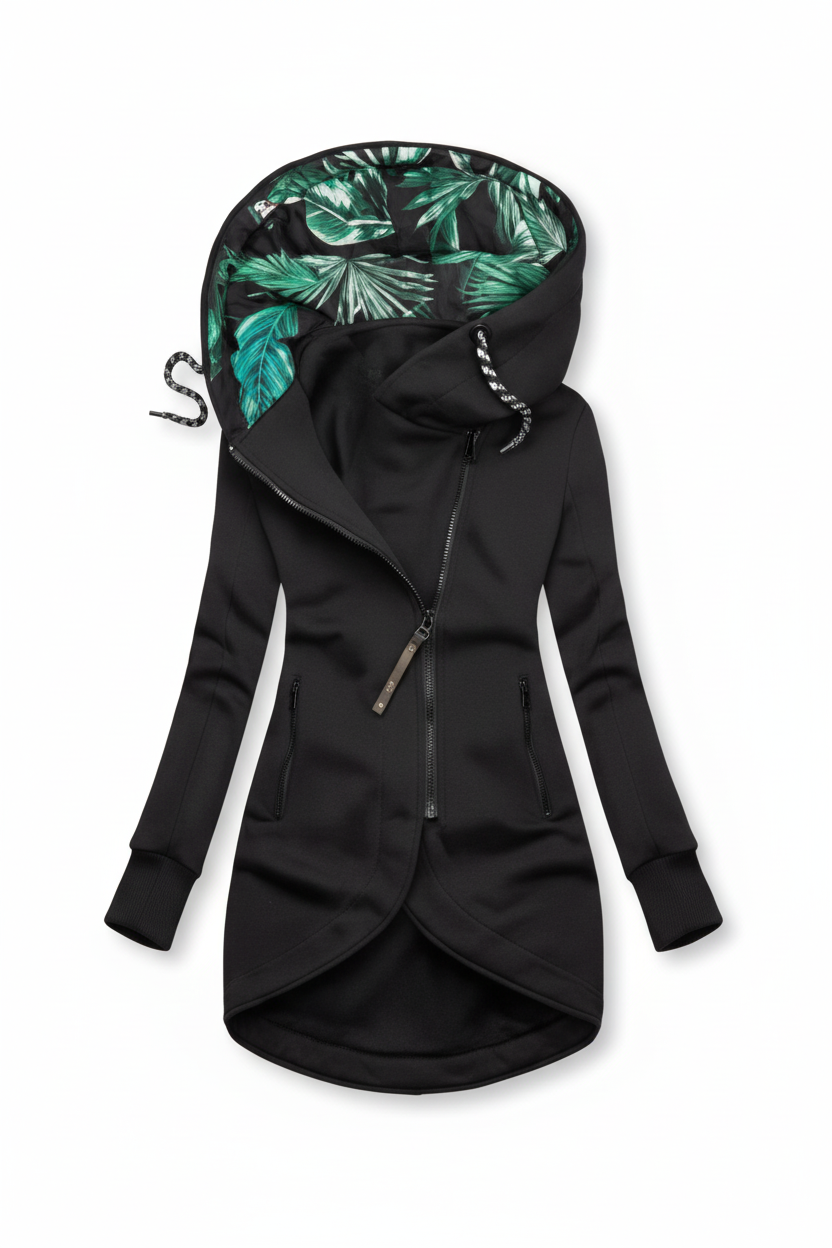 Abrigo negro con capucha tropical
