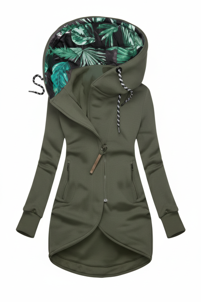 Abrigo verde oliva con capucha tropical