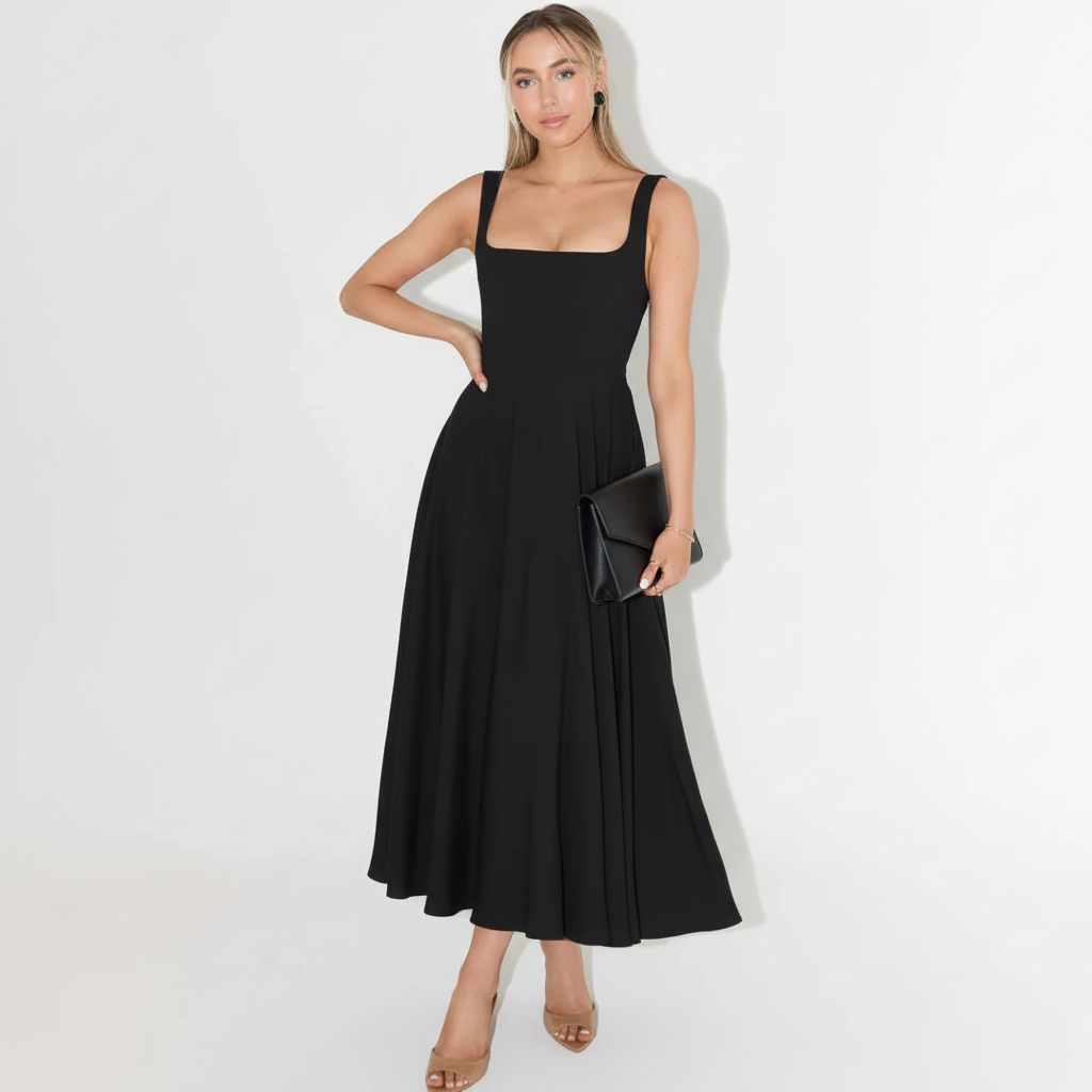 Black Square Neck Midi Dress