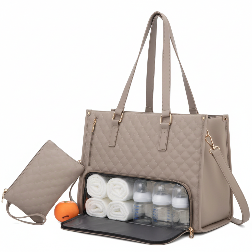 Bolso beige con artículos de bebé