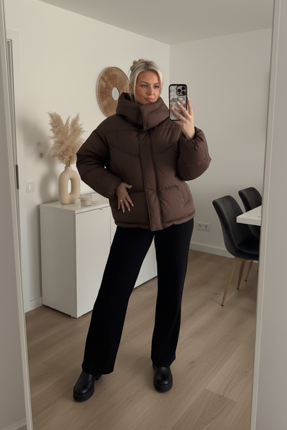 Brown puffer coat mirror selfie 2