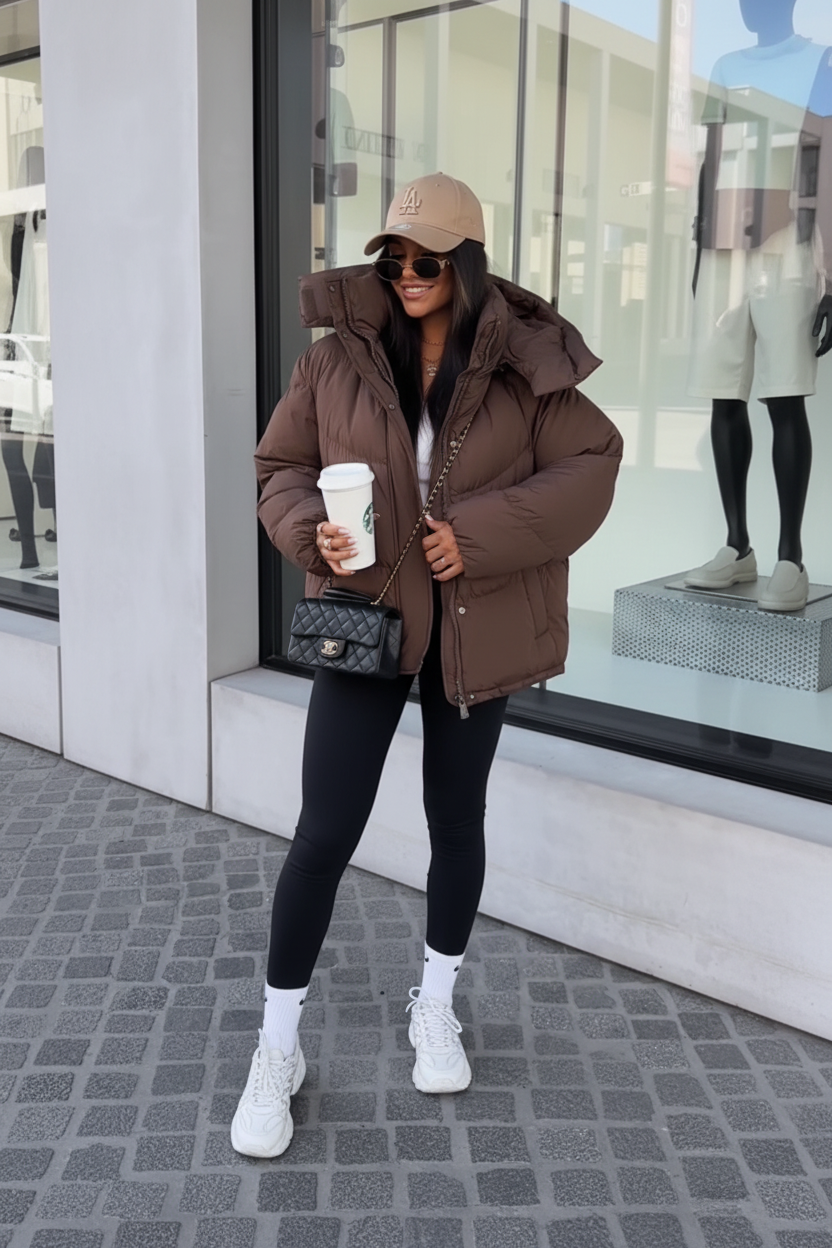 Brown puffer coat street style 1