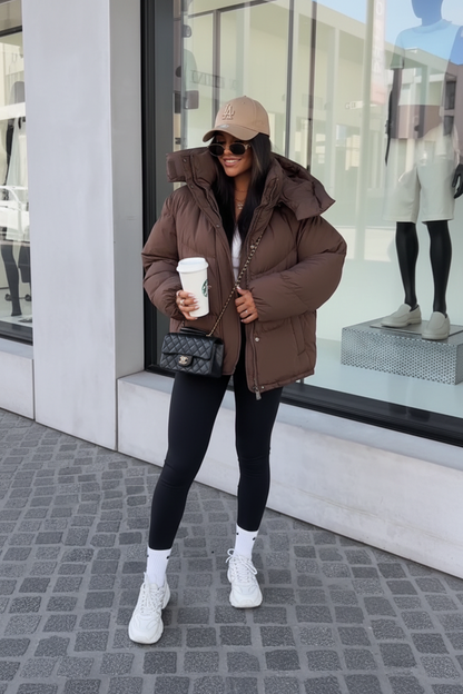 Brown puffer coat street style 1