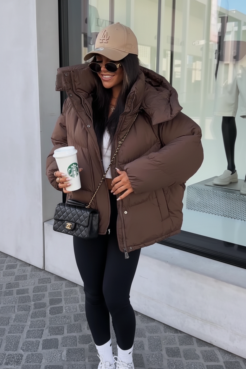 Brown puffer coat street style 1