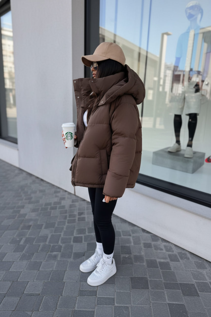 Brown puffer coat street style 2