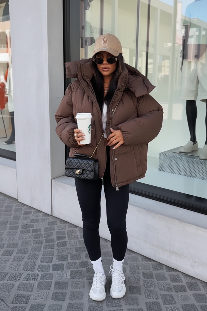 Brown puffer coat street style 2