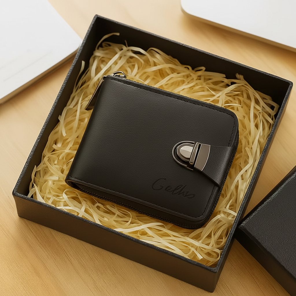 Cartera negra en caja de regalo premium