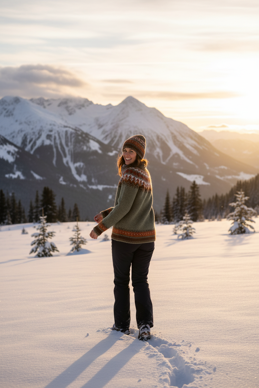 Chica con jersey en montaña