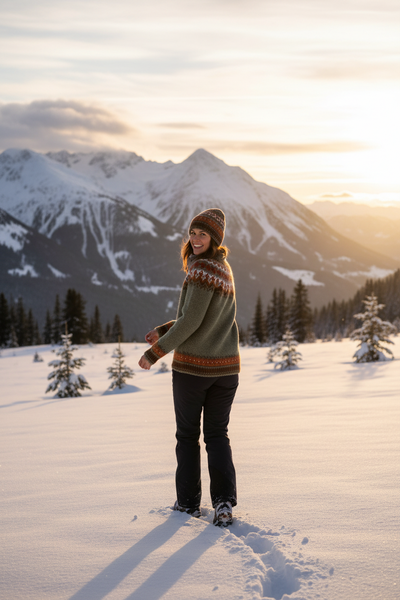 Chica con jersey en montaña