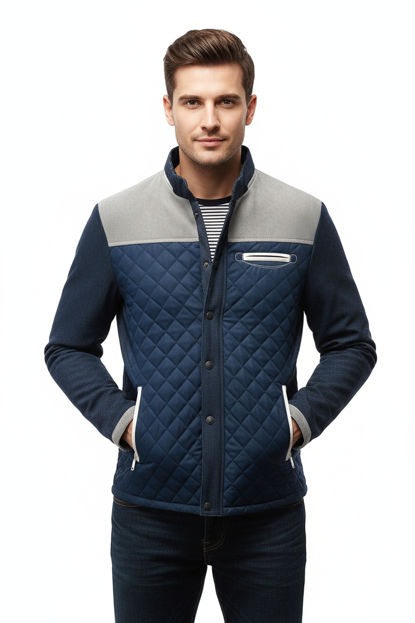 Modelo con chaqueta azul marino - estudio