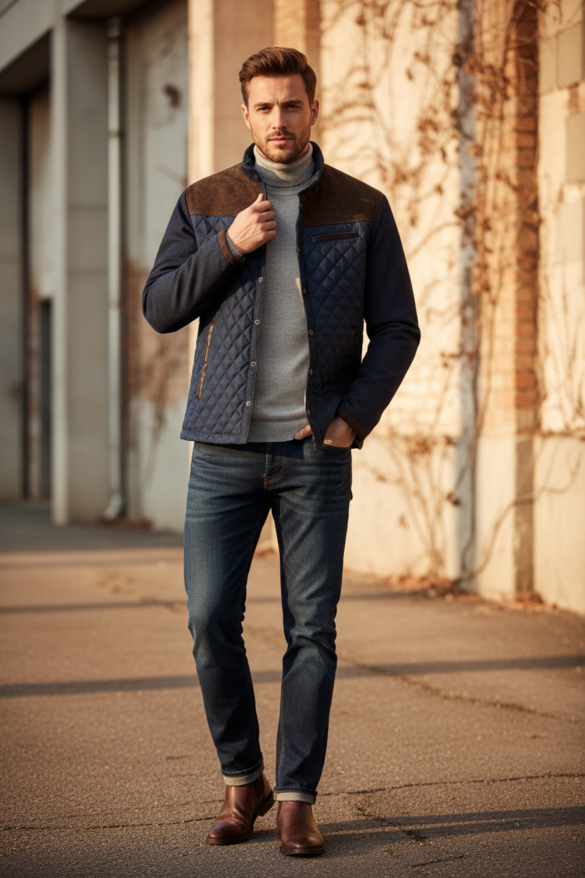 Modelo con chaqueta azul marino - exterior