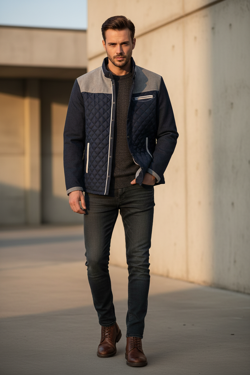 Modelo con chaqueta azul marino - exterior