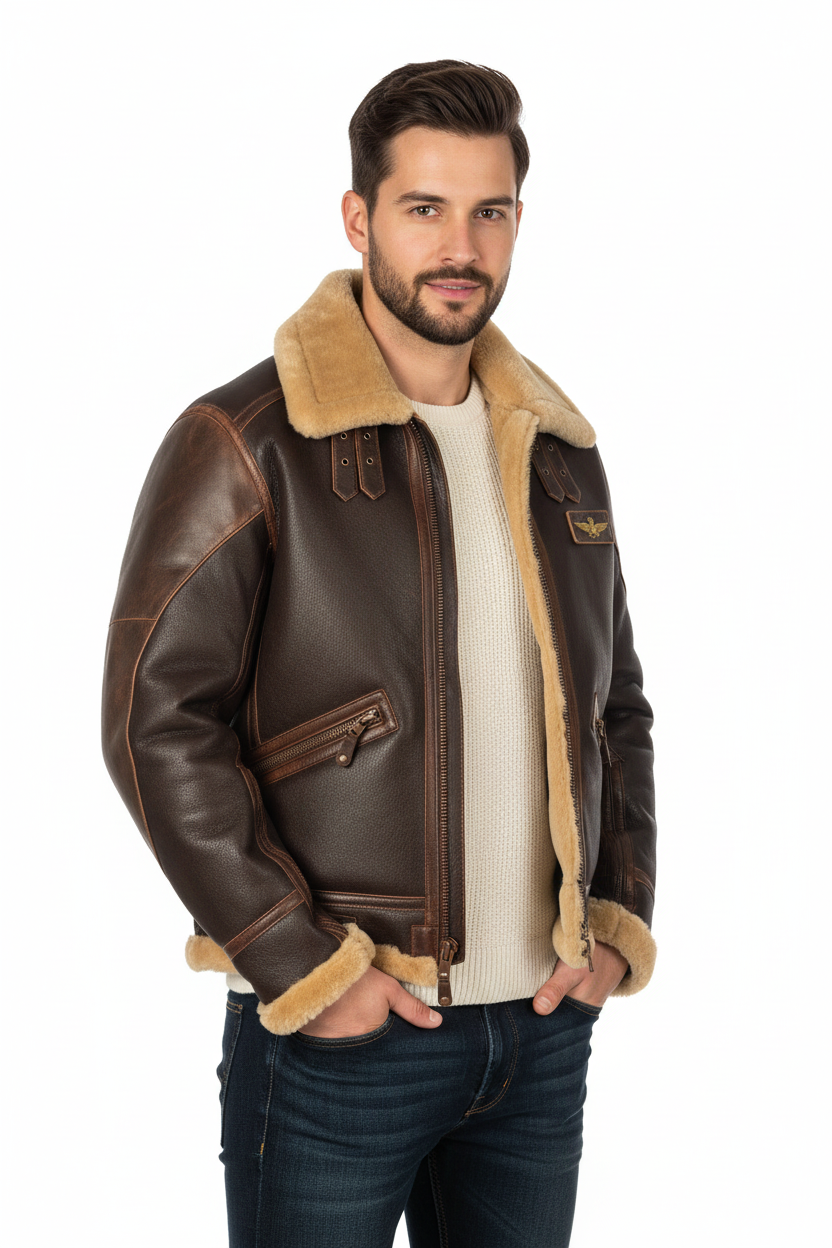 Modelo tres cuartos con chaqueta aviador