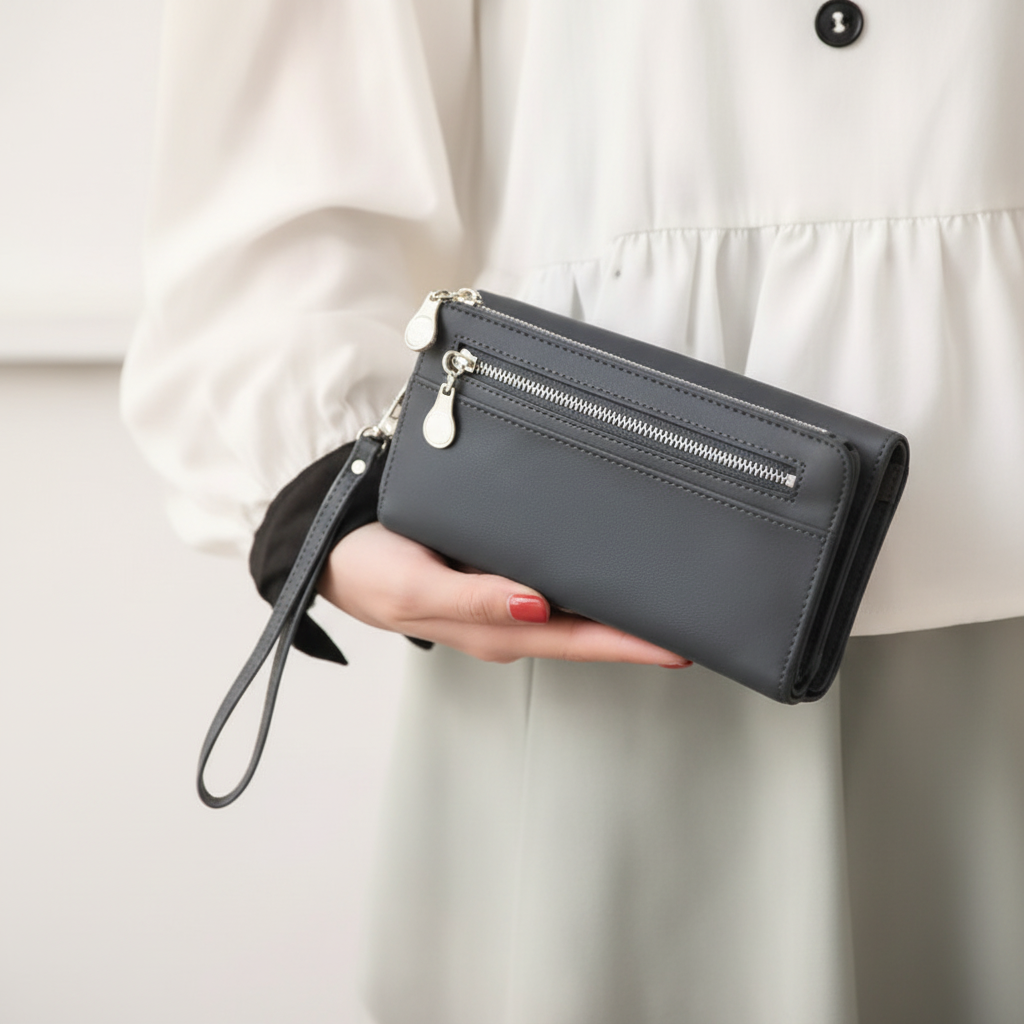 Monedero gris en mano