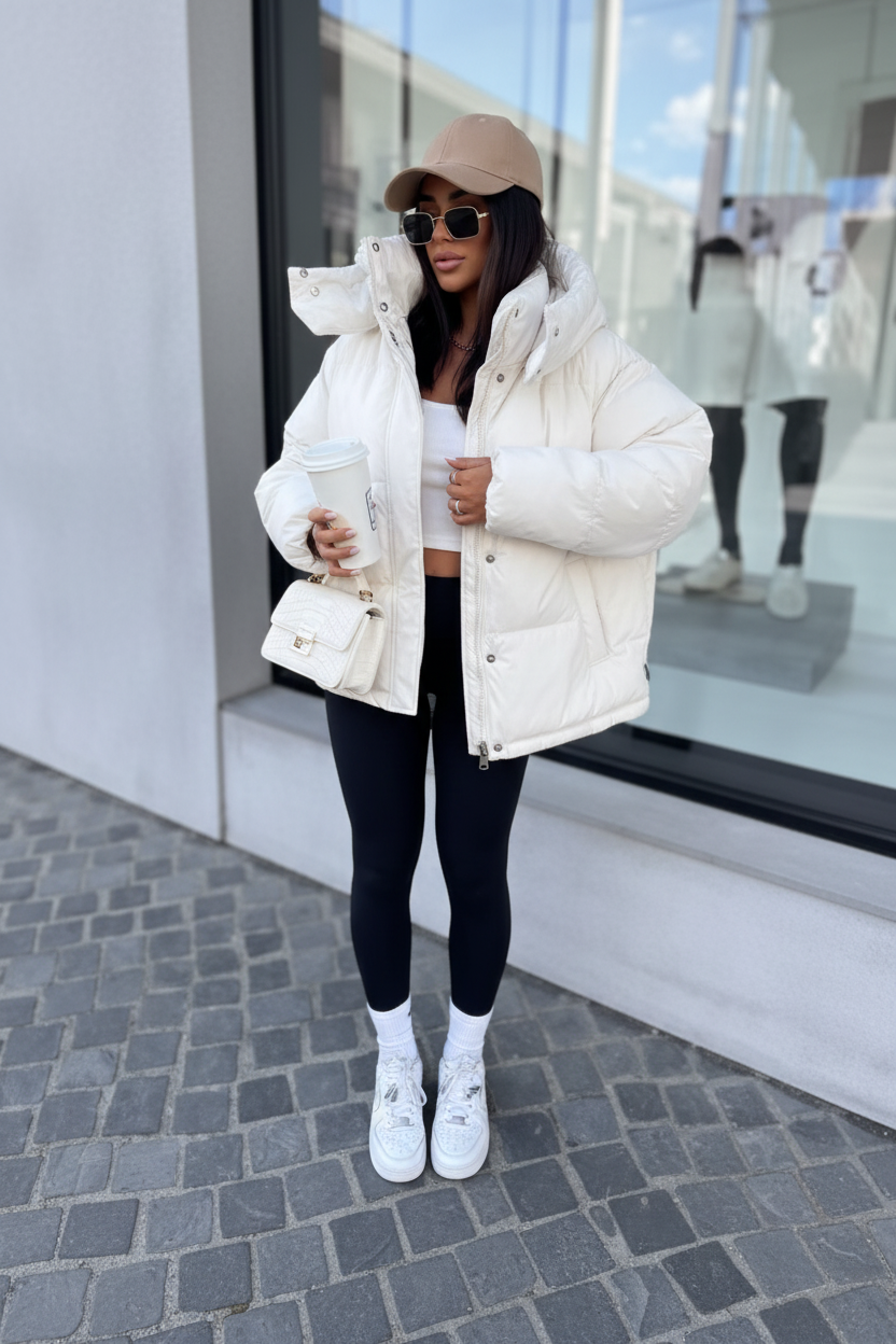 White puffer coat street style 1