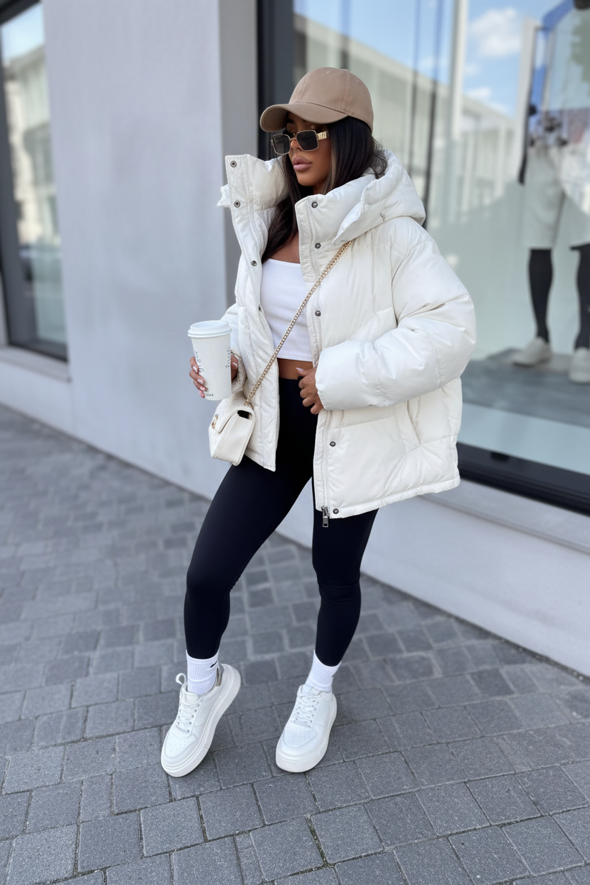 White puffer coat street style 2